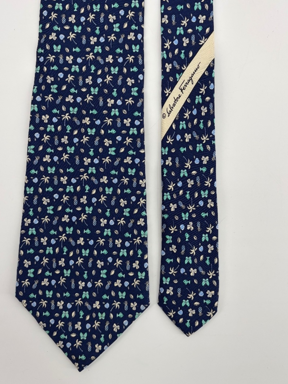 Salvatore Ferragamo Silk Tie Navy Tropical Fish Pineapple Butterfly Italy